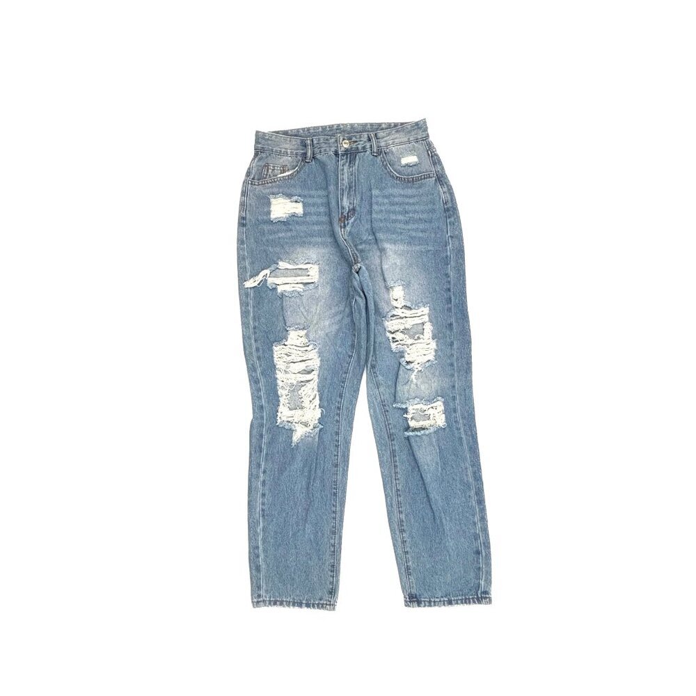 Shein Distressed Straight Women's size L 8 10 Light Wash Blue Denim jeans‎